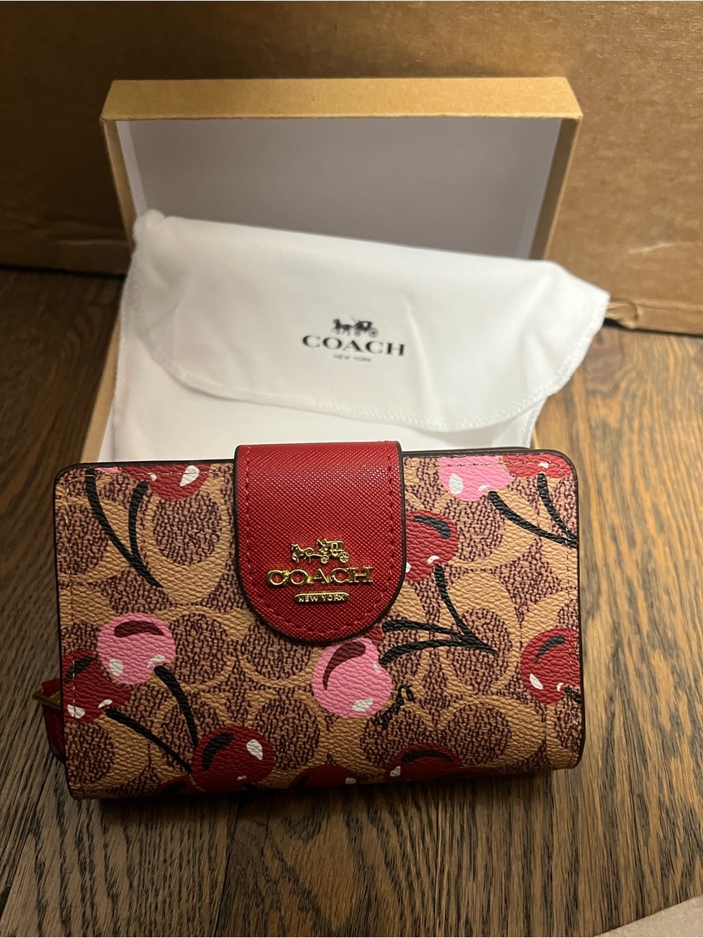 Coach Cherry Print Small Wallet in Red, Pink and Brown